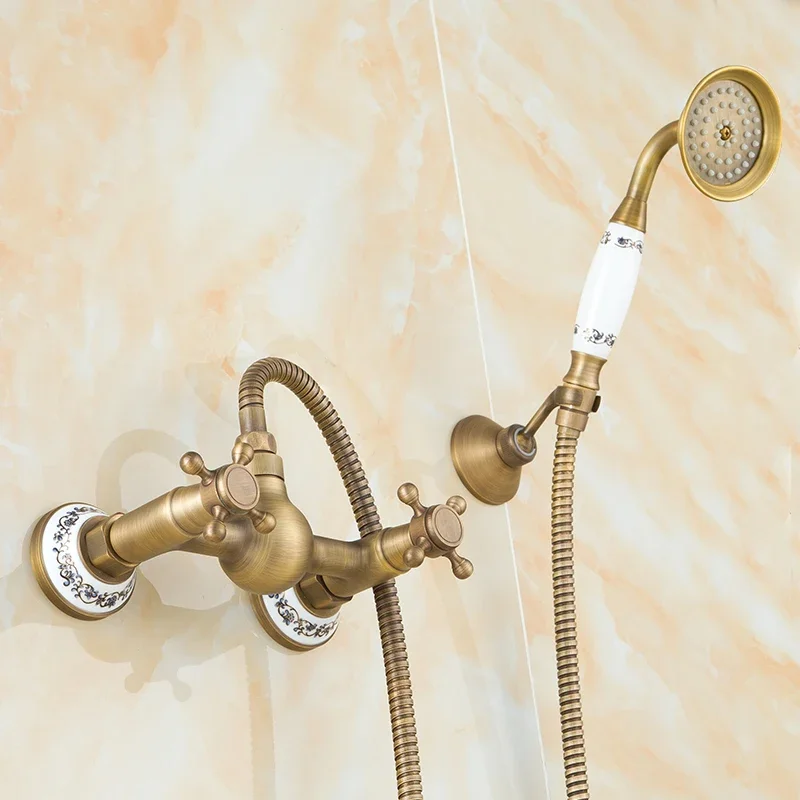 Shower Faucets Antique Brass Bathroom Bathtub Faucets Wall Mounted Bath Faucet with Hand Shower  Bathroom Shower Faucet Set