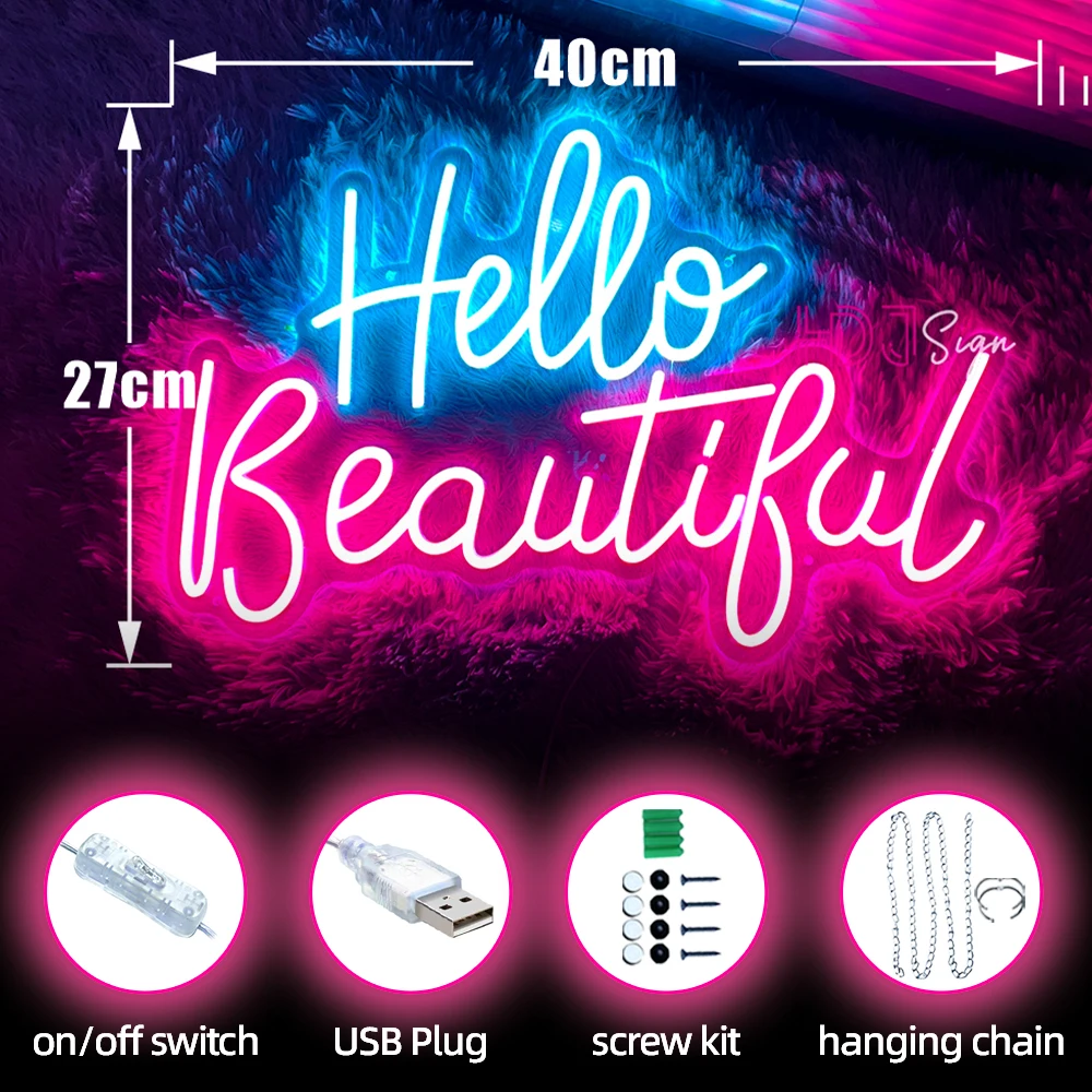 LED Neon Sign Hello Beautiful Neon Light Beauty Gaming Room Decor Wall Good Vibes Neon LED Sign Wedding Birthday Party Bar LED