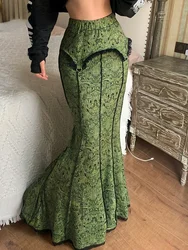 Vintage Fashion Elegant Green Trumpet Long Skirt Graphic Printed Lace Trim  High Waist Skirt Women  Aesthetic