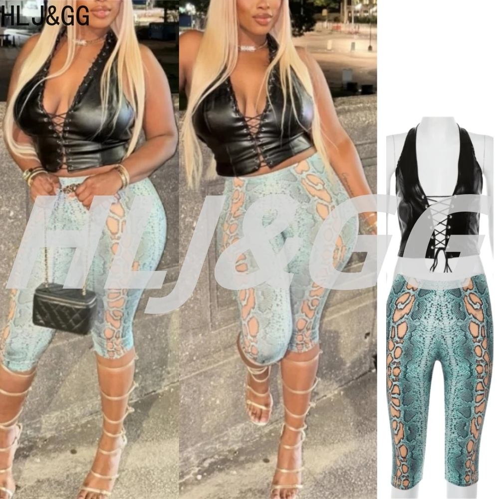 

HLJ&GG Black Sexy Leather Hollow Bandage Vest Two Piece Sets Women Halter Sleeveless Backless Slim Crop Top And Shorts Outfits