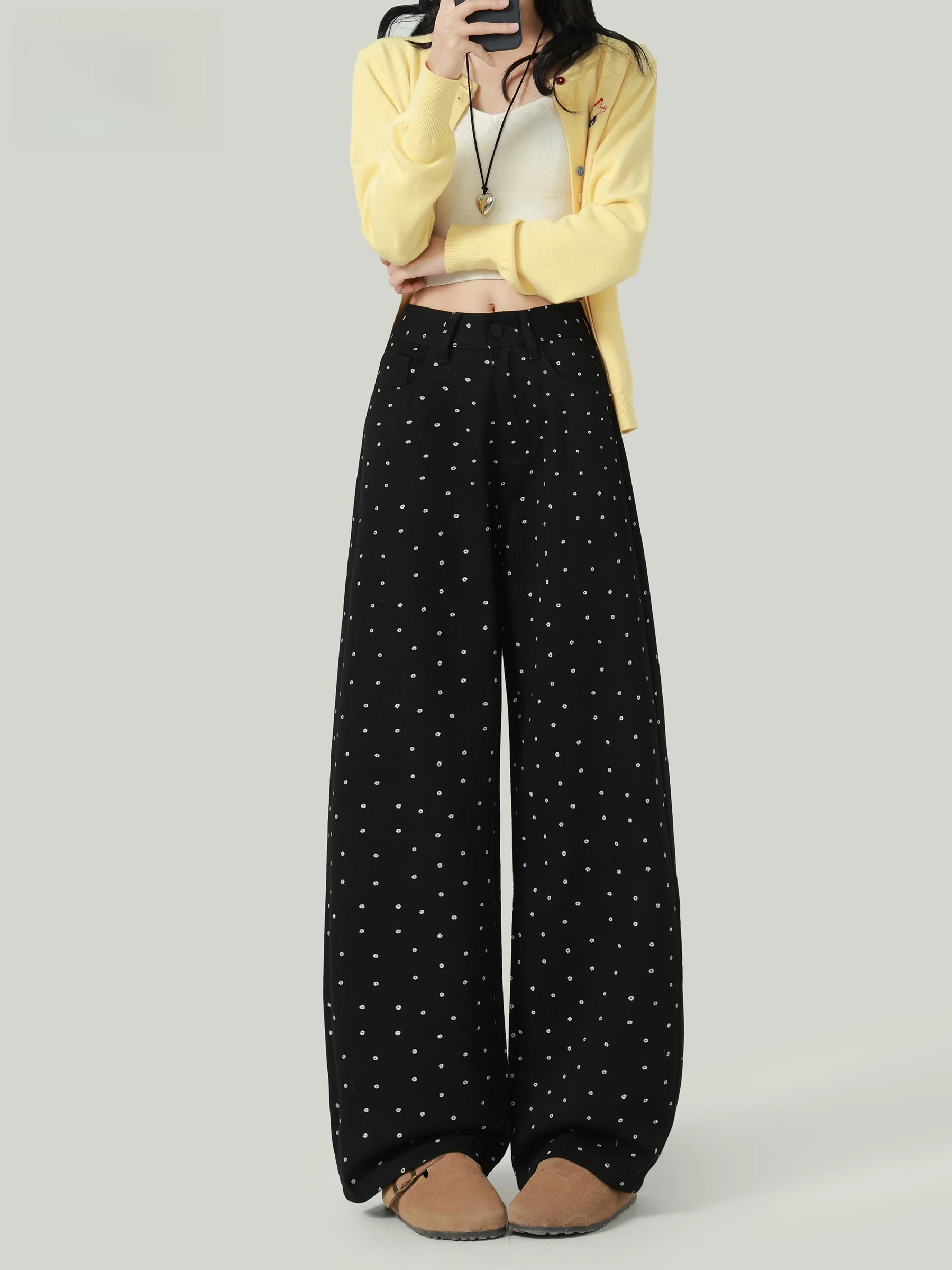 

Женские джинсы с высокой талией, свободного кроя, в горошек, с широкими штанинами, из денима, осенняя новинка, повседневные, с высокой талией, свободные, струящиеся, в пол.