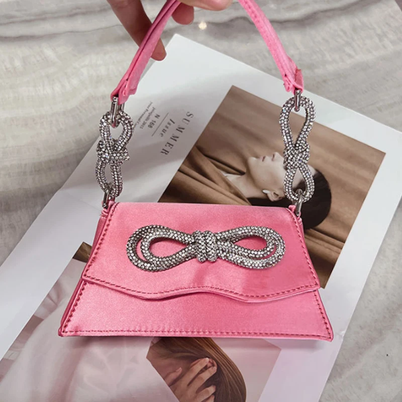 

New Designer Silk Bag Totes Women Luxury Satin Bag for Party Bow Diamond Shiny Handle Prom Handbag