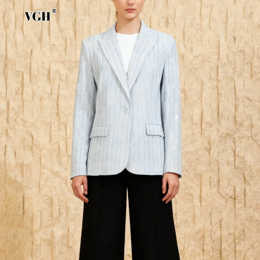 

VGH Office Basics Blazer for Women Notched Collar Long Sleeve Spliced Beading Temperament Formal Short Jacket Female Autumn New