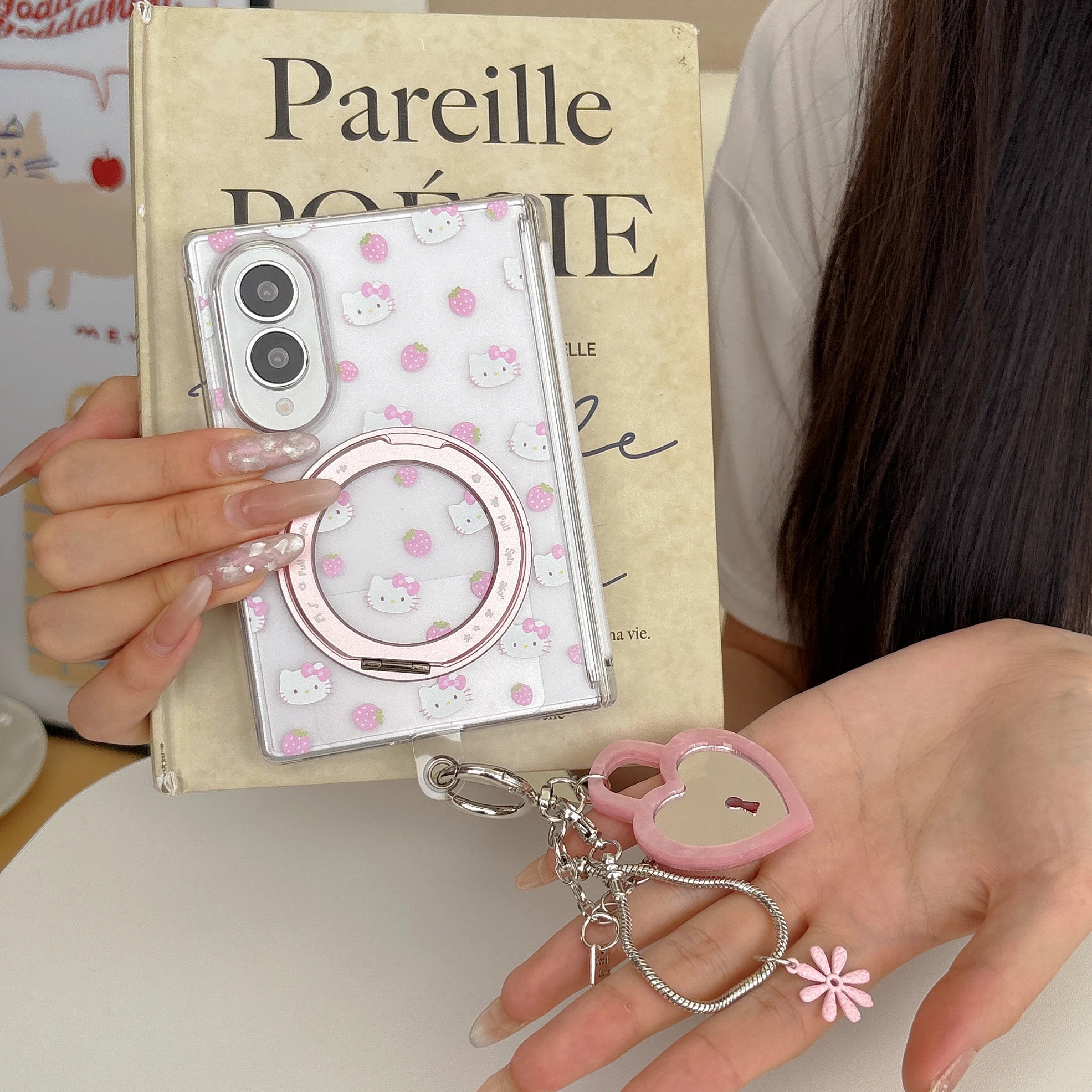 Sweet Strawberry Cartoon White Kitten Print Magnetic Phone Case For Samsung Galaxy Z Fold 8 For Magnetic Stand Heart Chain Cases