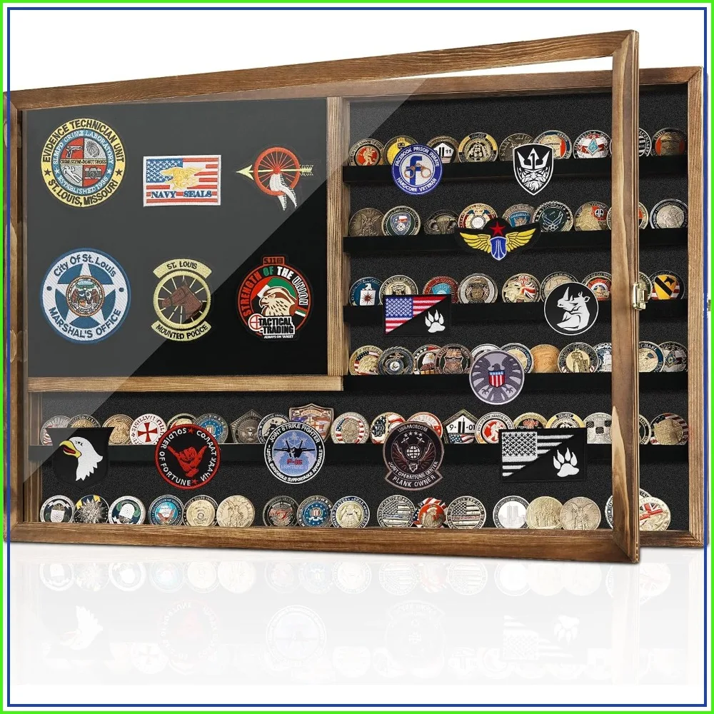 

27.6"x18.1" Lockable Military Coin Display Case, Solid Wood Shadow Box with HD Glass Door & Removable Board