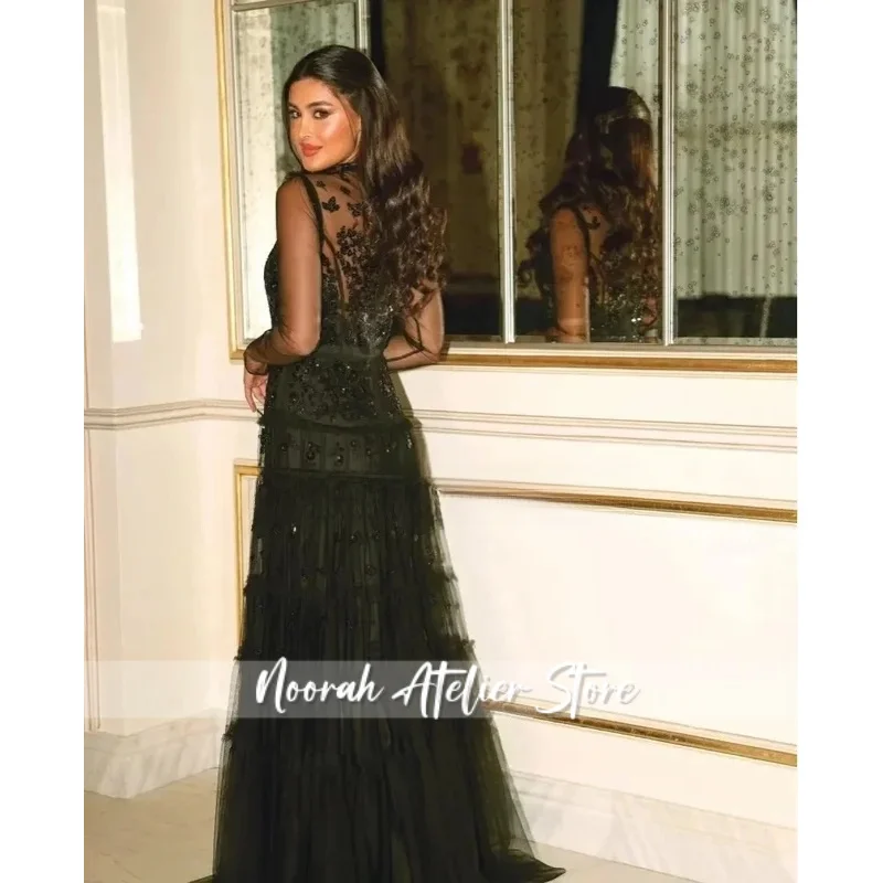 LAYXHS Gaun Malam Hitam Kerah O Fashion Gaun Prom Payet Applique Lengan Panjang A-Line Gaun Malam yang Dapat Disesuaikan