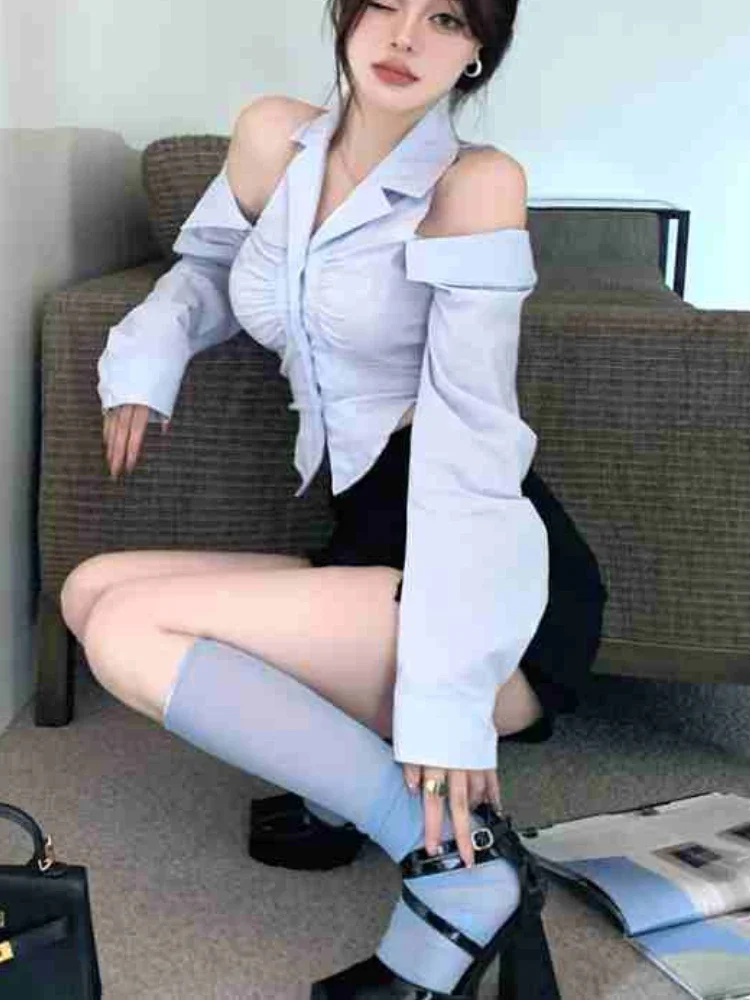 Chemises évidées à manches longues pour femmes, Slim Crop, Streetwear chic, Vêtements sexy monochromes, Mode de style coréen, Automne, Nouveau, Y-Y2K, 03/3