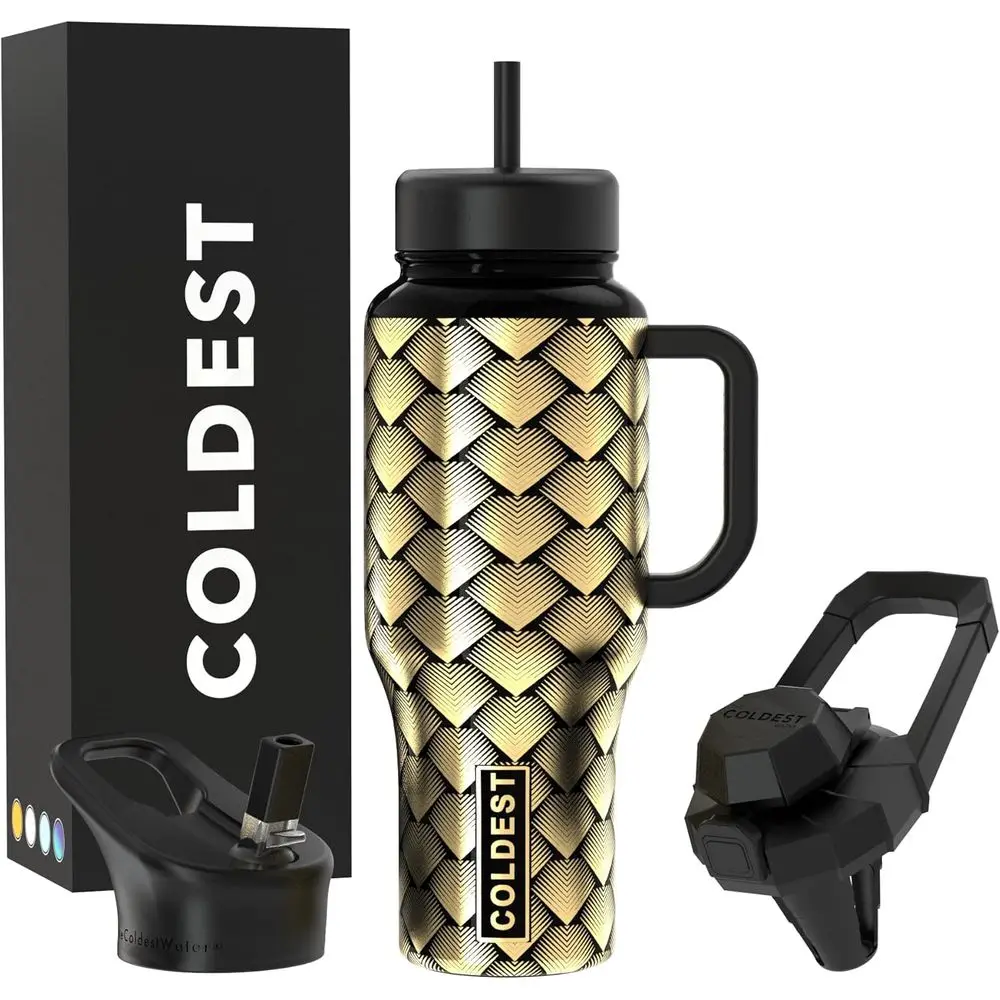 

Герметичный изолированный стакан с ручкой, соломой и 3 крышками — нержавеющая сталь, 36 унций, дизайн Gold Dragon