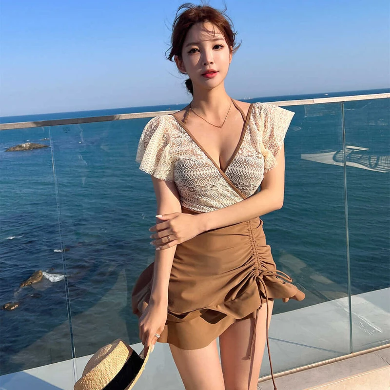 

Fresh Hollow Out Perspective BIkini Skirt Women Lace-up V-neck Short Sleeve Swimwear Fold Beach Style Backless Female Swimsuit