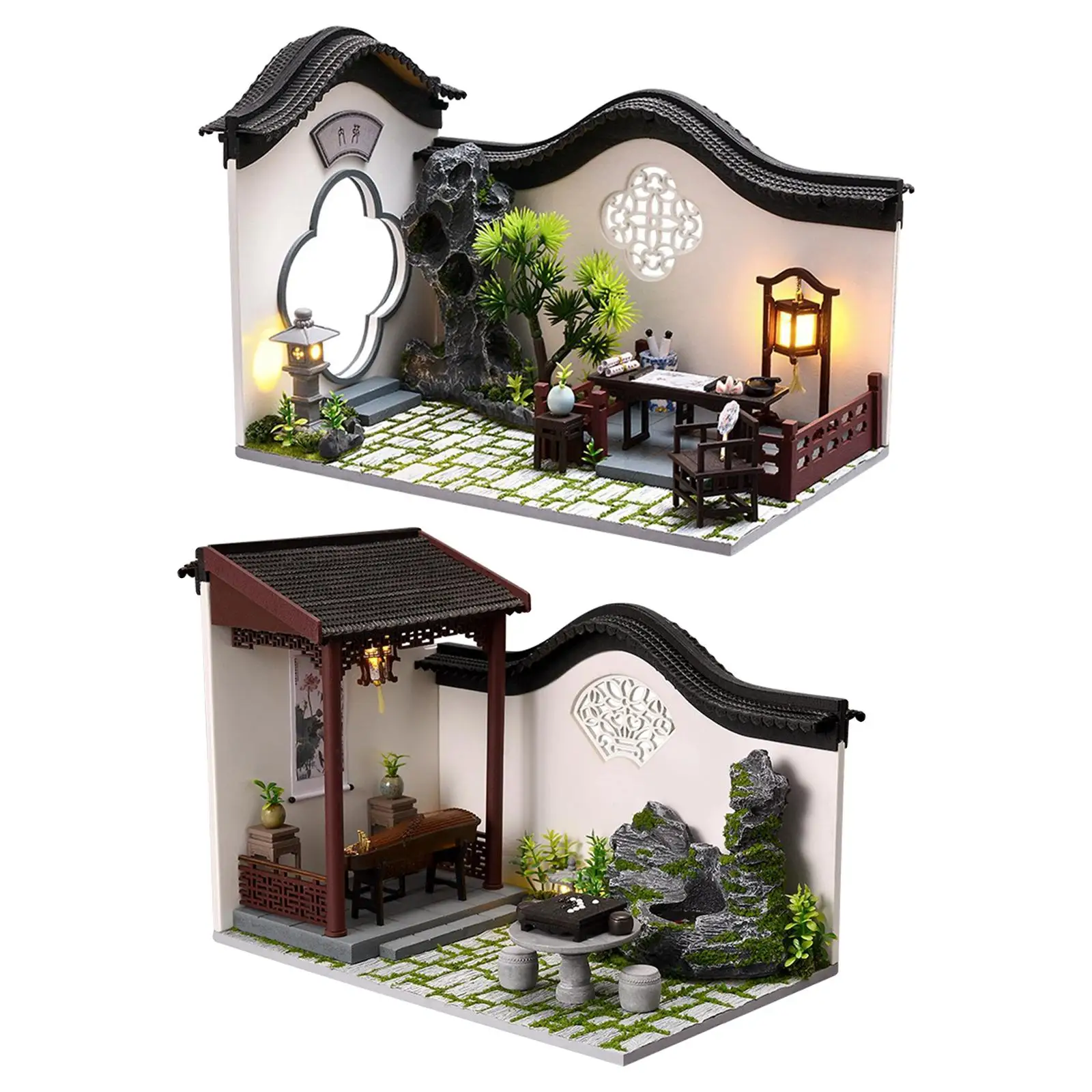 Miniatuur poppenhuis met LED-licht en meubilair Chinese binnenplaatsarchitectuur