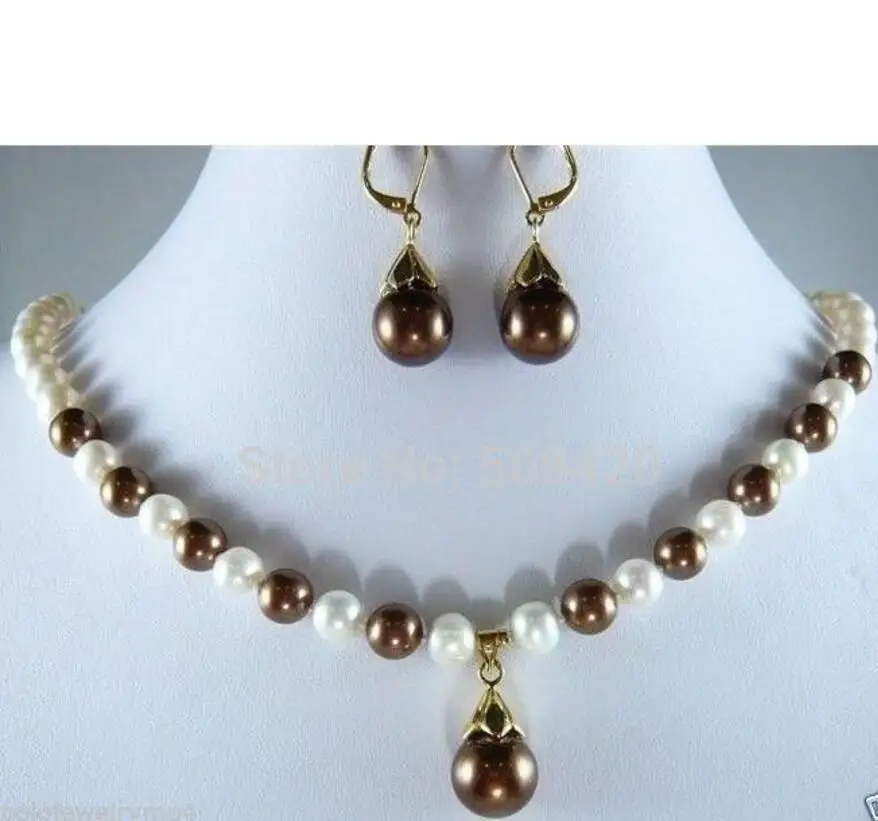 

New Jewelry white Pearl Chocolate Shell Pearl Necklace Earrings Set