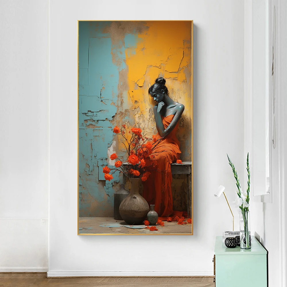 مجردة الرجعية بوعاء زهرة جدار الفن ، قماش اللوحة ، ملصق الجمالية ، الطباعة ، غرفة المعيشة ، الشرفة ، الخلفية ، ديكور المنزل