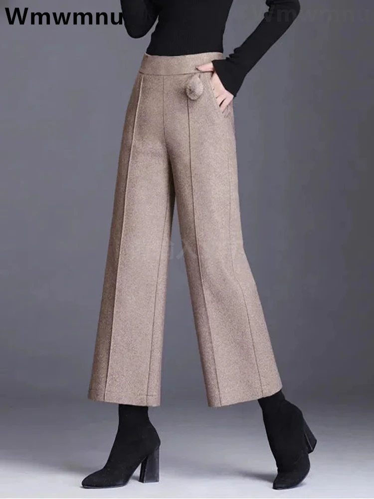 Otoño Invierno Pantalones formales de lana de pierna ancha para mujer de cintura alta talla grande 4xl Pantalones hasta el tobillo de oficina Pantalones holgados de mezcla de lana