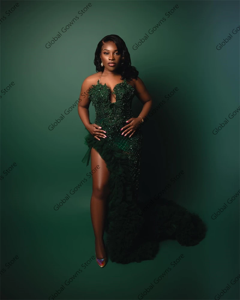 Aso Ebi Emerald Green Prom Dress For Black Girls 2025 Sequin Rhinestone Beaded High Slit Ruffles Wedding Party Gowns Customized