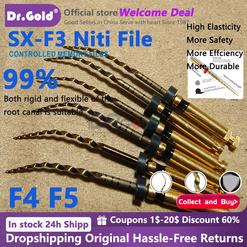 

SX-F3 31MM/25mm Dental Heat Activated Gold Flexible Endo Files Canal Root Treatment Rotary F4 F5 File Dentist Tools Endodontic