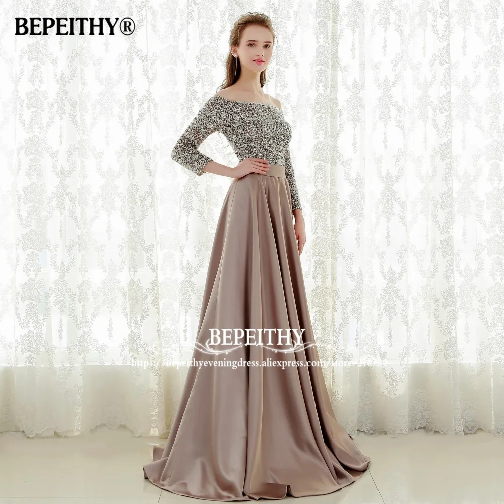 BEPEITHY Off The Shoulder sukienka na studniówkę rękawy trzy czwarte szata De Soirée cekiny koraliki formalna okazja sukienki Vestidos De