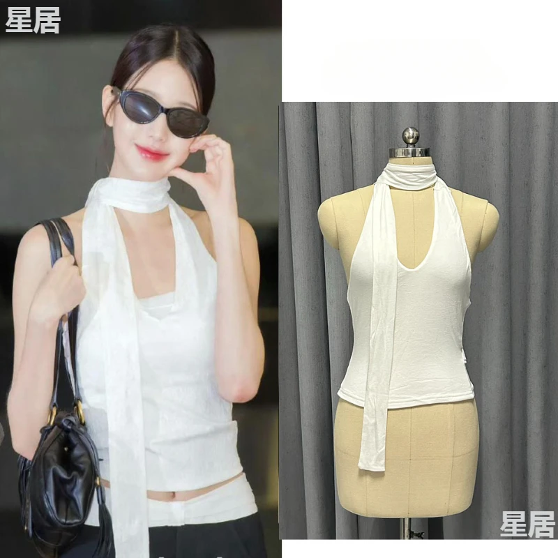 Ladies Kpop Clothes Sexy Dancer Costumes Women Singer White V-neck Halter Vest Slim Crop Tops Nightclub Dj Stage Dance Clothing