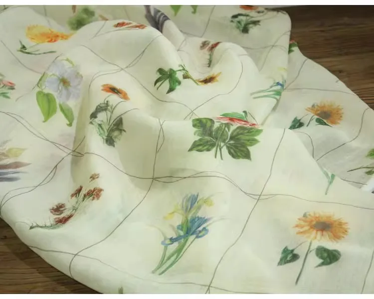 

1yard high quality ramie fabric Retro square collar flower pattern tela dress shirt bag cheongsam fabric for clothing