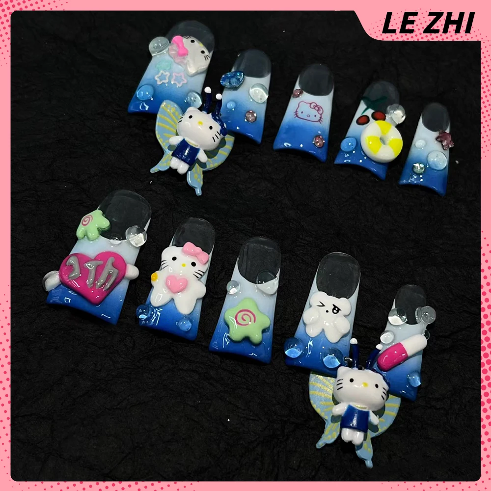 Blue Butterfly Hellokitty Elf Duck Web Press On Nails Party Sticker Blue French Gradient Holiday Summer Fake Nail Party Stickers