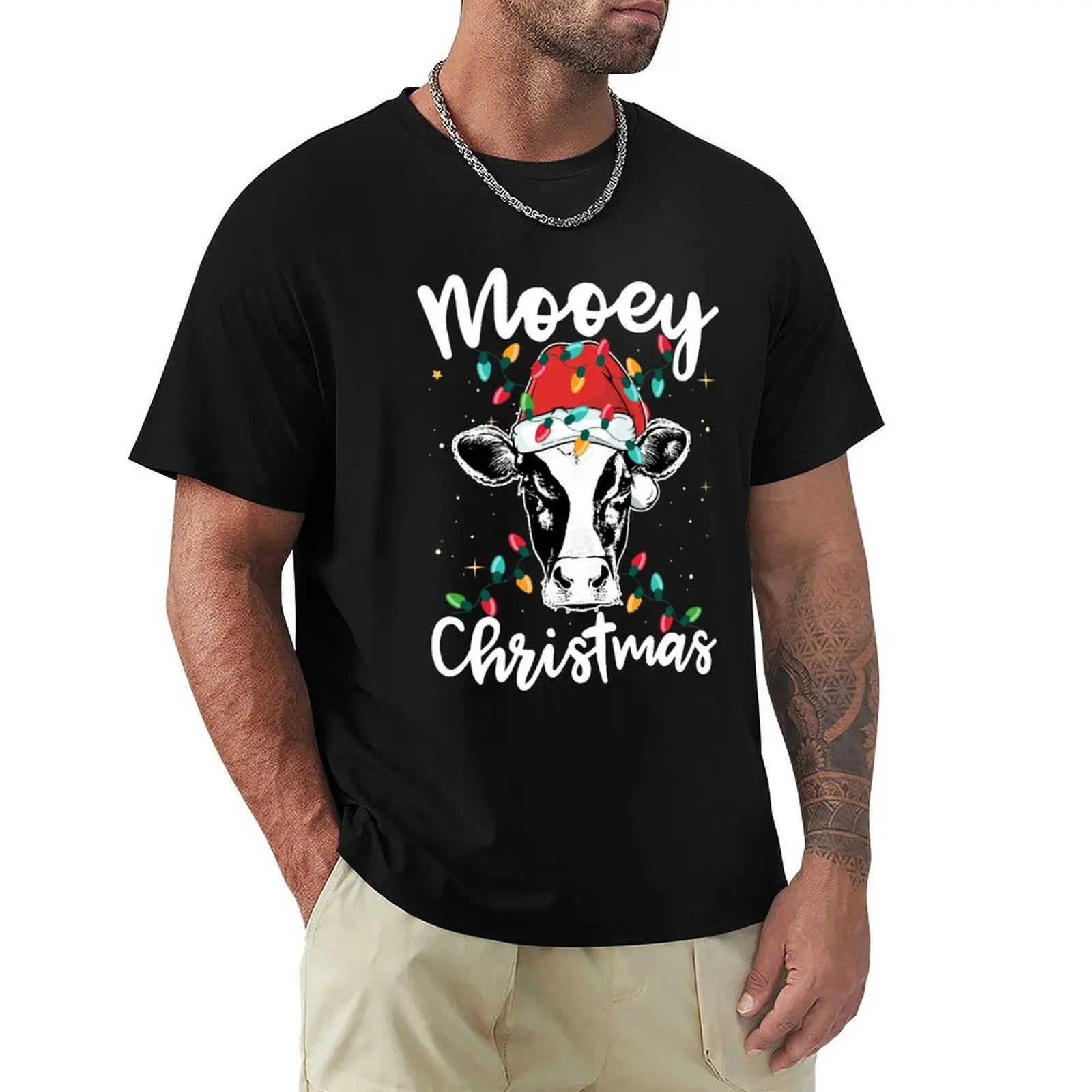 Mooey Christmas Santa Heifer Xmas Lights Cow Lovers T-Shirt street wear plain men workout shirt