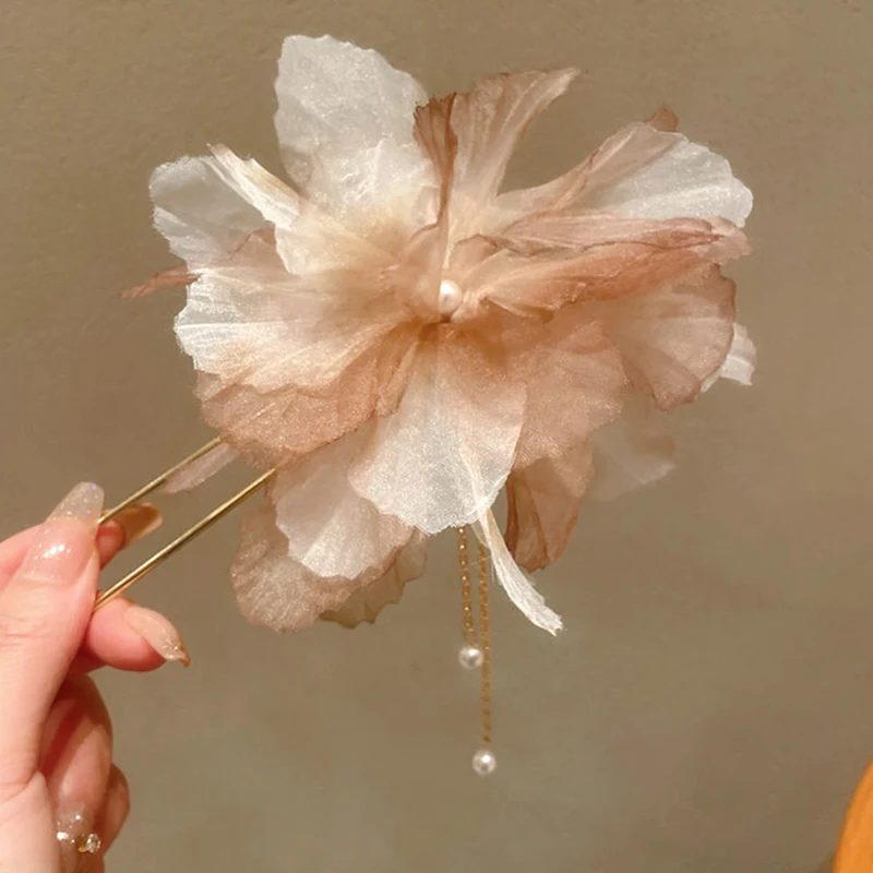 Gradient Color Fabric Flowers Hair Clip Hair Sticks For Women Chinese Style Imitation Pearl Fringe Hairpins Hair Accessories