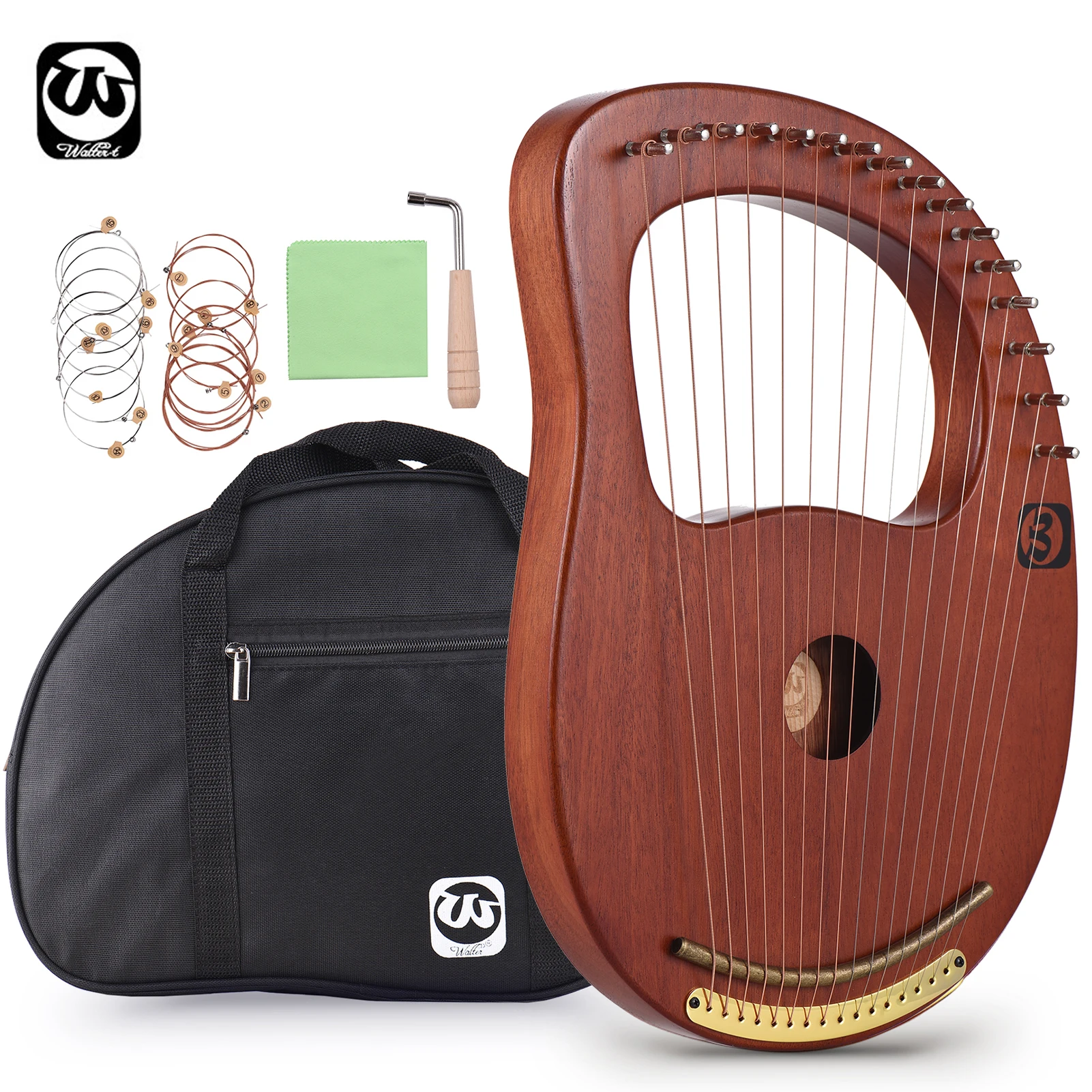 Walter.t WH-16 16-String Wooden Lyre Harp Round Shape Sound Hole Metal Harp Strings Solid Wood Strings Instrument with Carry Bag