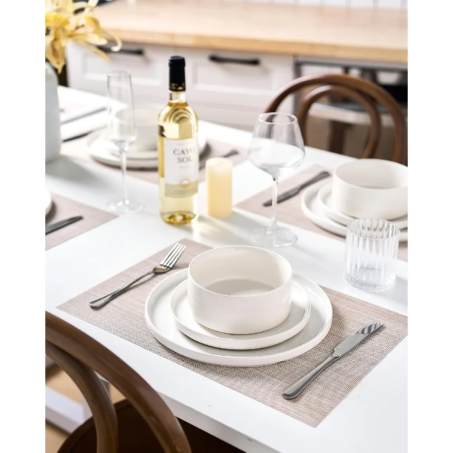 طقم أواني طعام بورسلين حديث 24 قطعة مع أطباق وأطباق لـ 8 أشخاص طقم أدوات مائدة بيضاء آمنة للاستخدام في الميكروويف وغسالة الأطباق