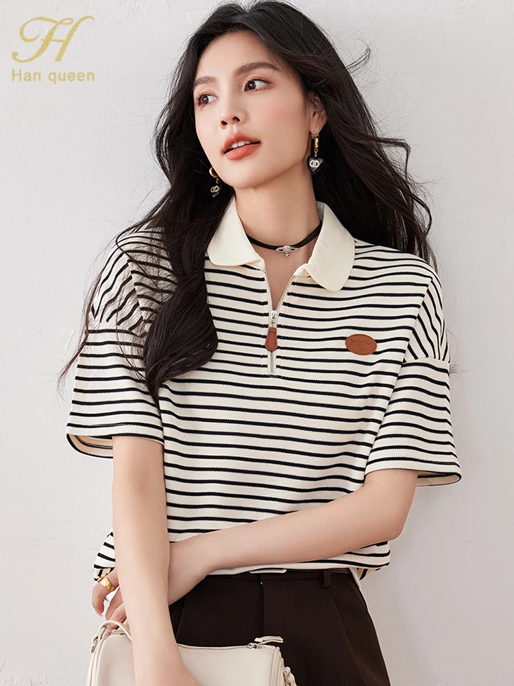 H Han Queen Summer Tops Simple Stripe Short Sleeve Blouse  Casual T-Shirts Vintage Loose Blouses Korean Style Women\'s Clothing