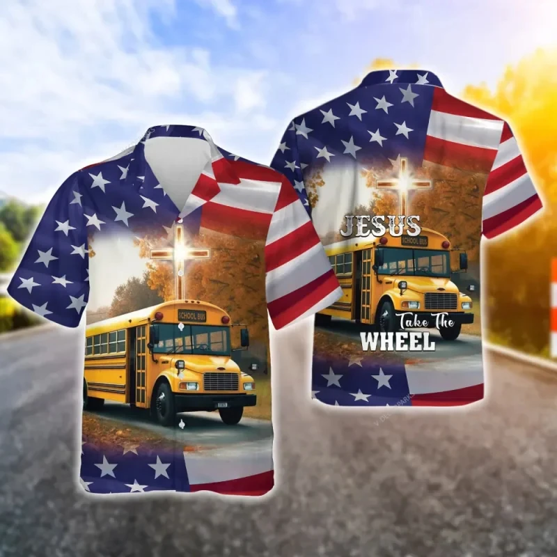 

2024 School Bus Men's Shirts Lapel Fashion Shirt For Men Street Short Sleeve Top Uniform Summer Men Hawaiian Shirts Wholesale