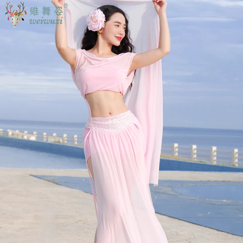 

Belly Dancer Practice Clothes for Women Short Sleeves Top+Purple Long Skirt 2pcs Adult Children Oriental Belly Dancing Suit