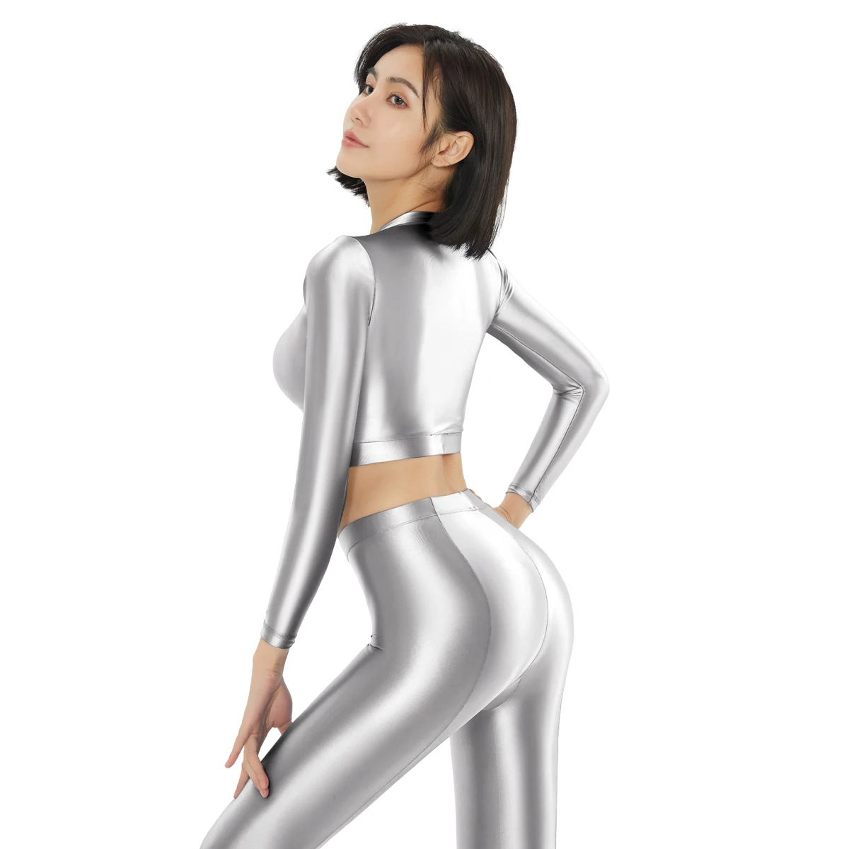 AMORESY Hecate Women Oil Glossy Spandex Stretch Breathable Longsleeve Navel Crop Sports Swimming Gymnastic Tops Quickdry T-shirt