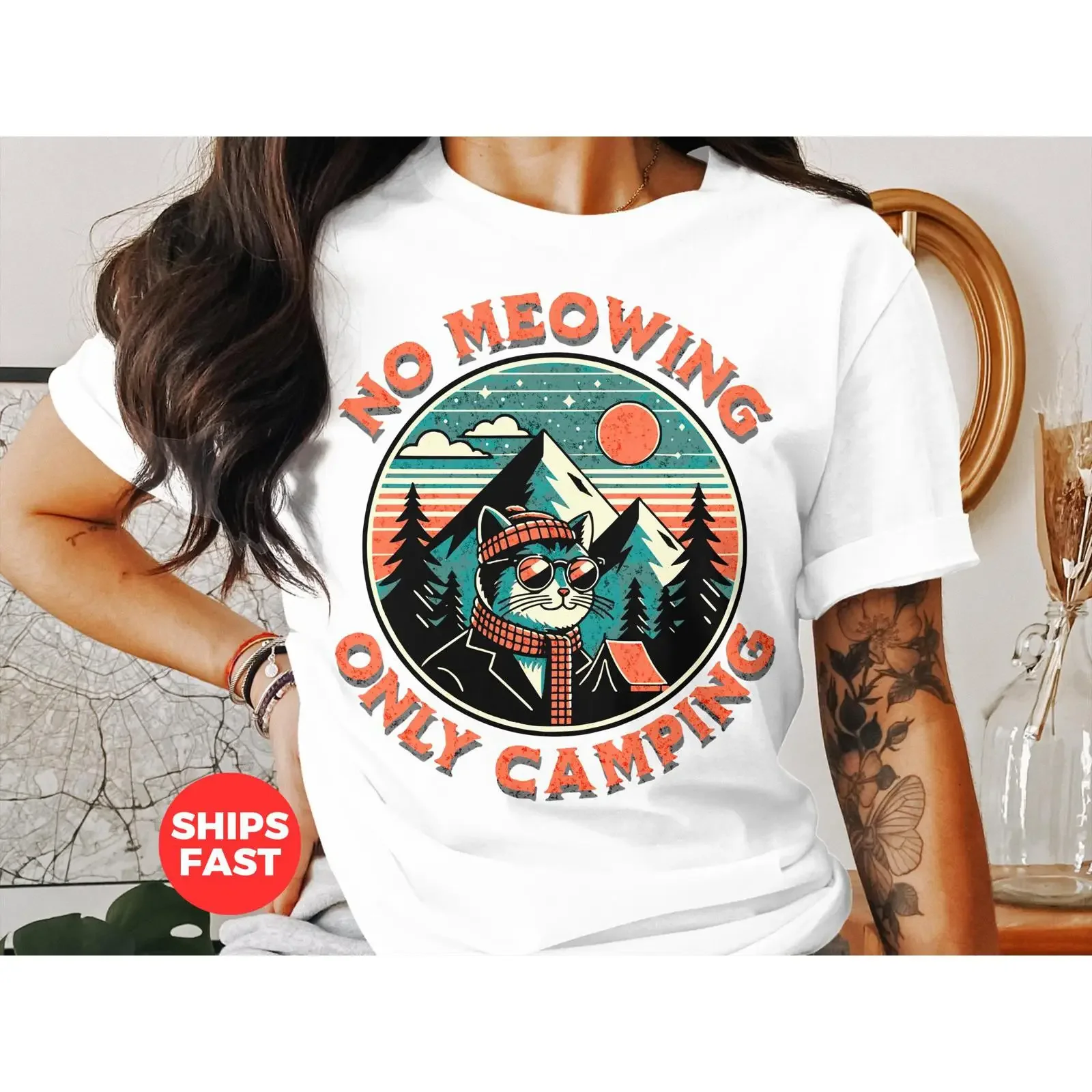 No Meowing Only Camping Funny Cat T Shirt Retro Mountain Hiking Outdoor for Mom Dad vintage Washed Slightly fashion Stretched