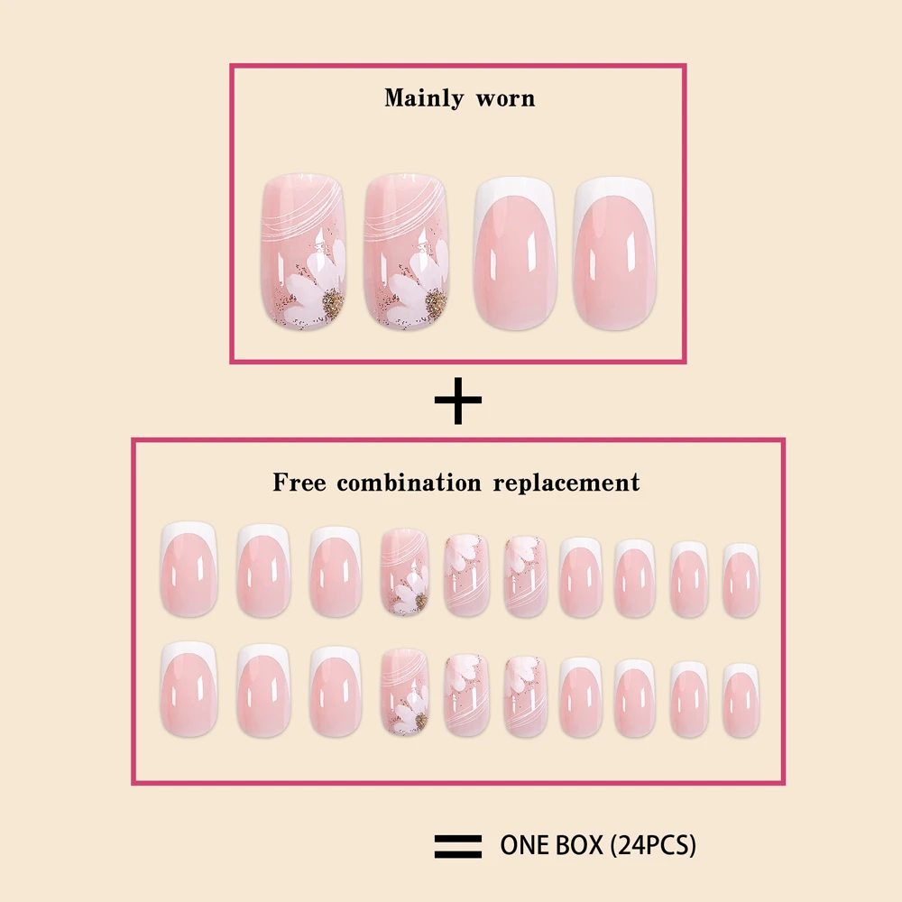 24Pcs Middle Size quare French Small White Flower Gold Glitter Powder Full Coverage Wearable Lady Fake Nails Set