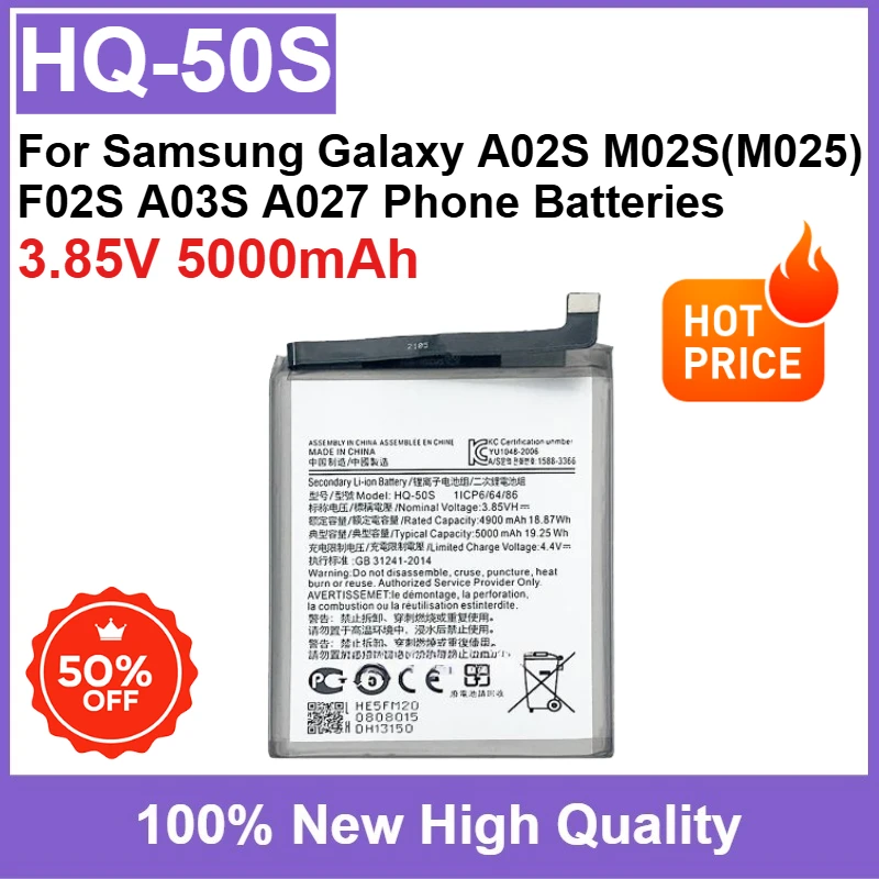 

New Replaceable Battery HQ-50S 3.85V 5000mAh High Quality for Samsung Galaxy A02S M02S(M025) F02S A03 A03S A027 Phone Batteries