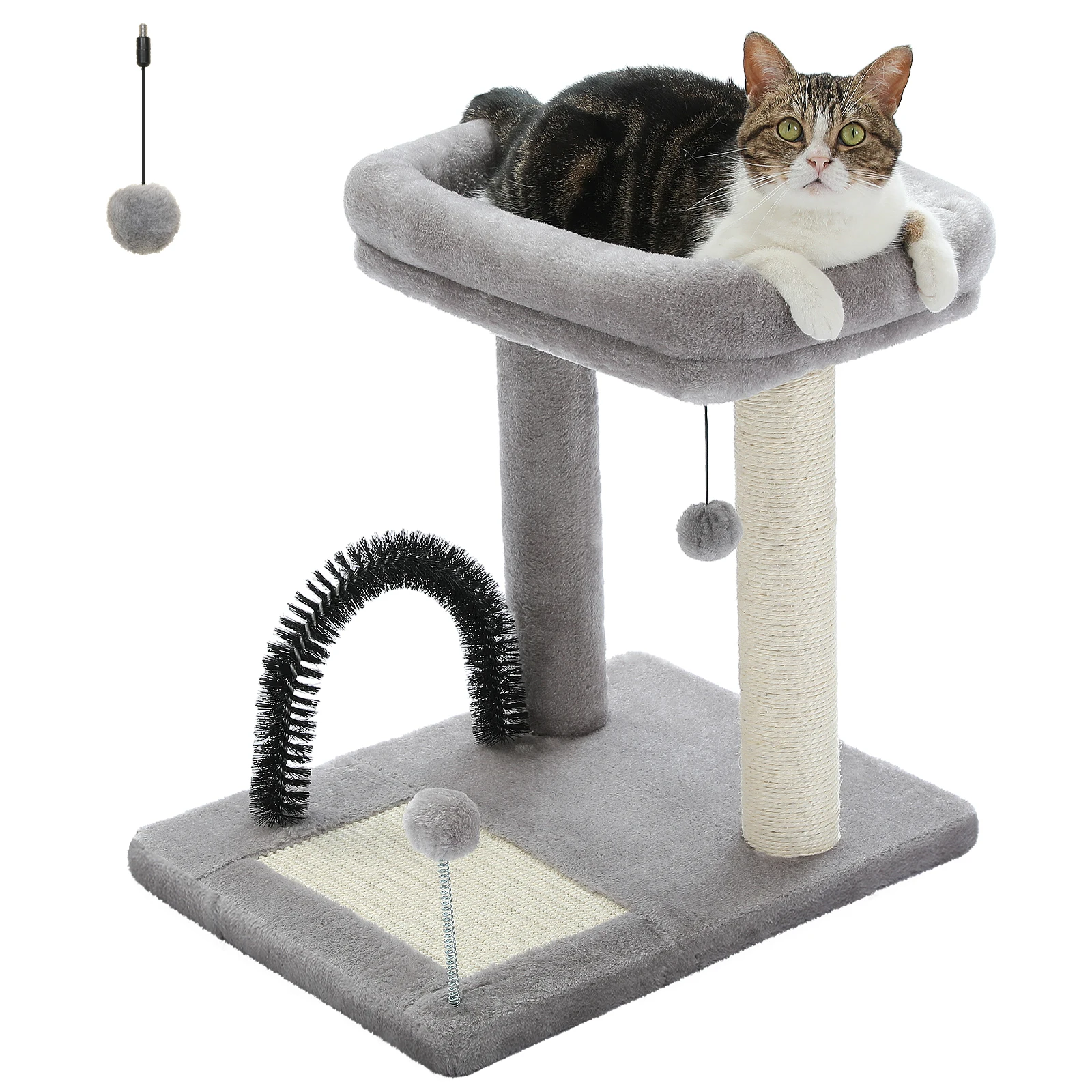 

Cat Scratching Post Bed Cat Scratcher with Sisal Covered Scratching Post and Pad Self-Grooming Brush for Indoor Cats and Kitten