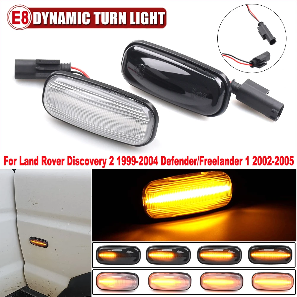 2Pcs For Land Rover Defender Freelander Discovery 2 Smoked Lens LED Side Marker Lamp Dynamic Amber Turn Signal Light