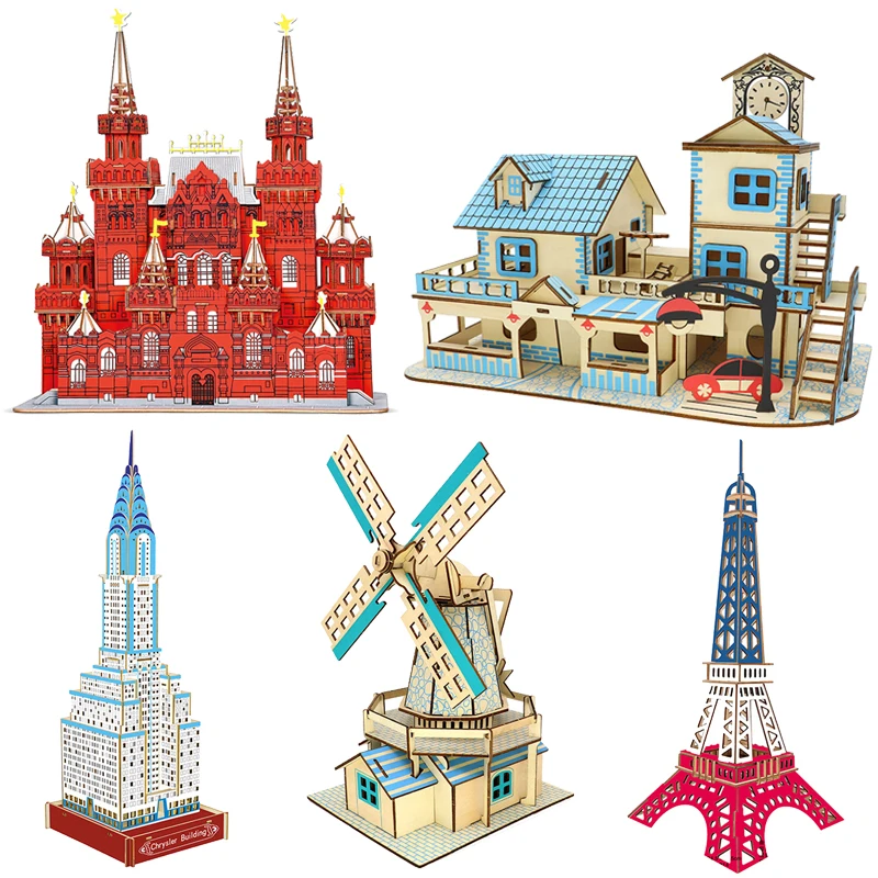 

Dutch Windmill World Great Architecture DIY 3D Wooden Puzzle Wood Red Square Model Chrysler Building Kits Toys For Children Kids