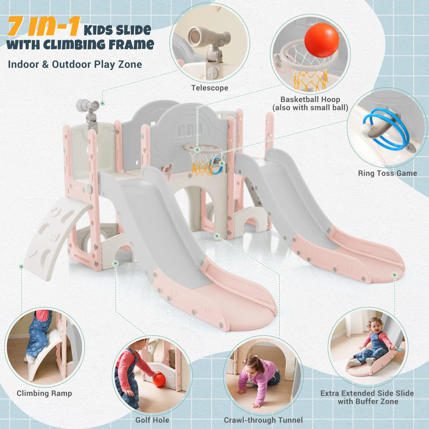 Kids Slide Playset Structure 7 in 1, Freestanding Spaceship Set with Slide, Arch Tunnel, Ring Toss and Basketball Hoop,Double Sl