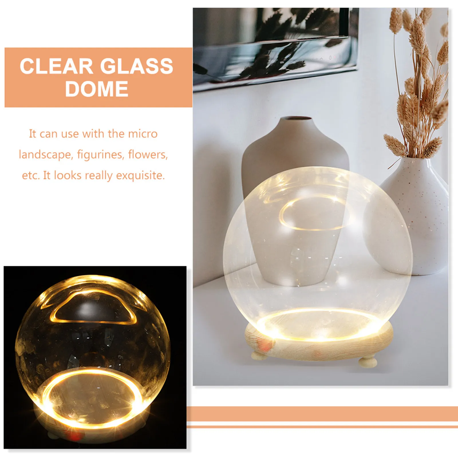 Clear Glass Dome Display Case Wood Base Preserved Flower Glass Cover Decorative Centerpiece for Home Banquet Shop