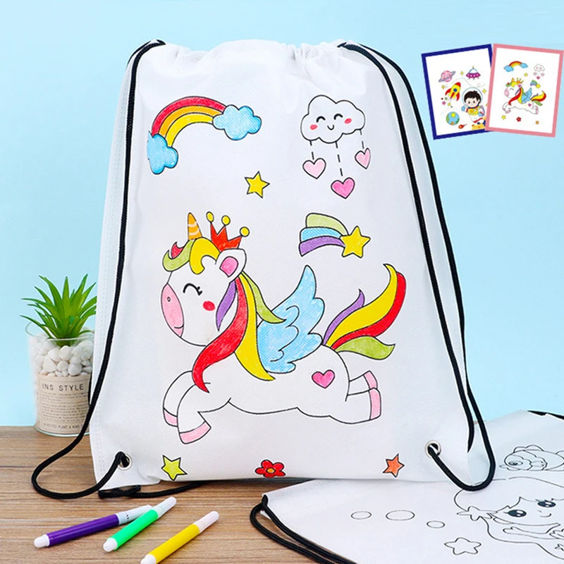 Mochila De tela con grafiti para niños, bolsa no tejida con pintura hecha a mano, manualidades artísticas, juguete de dibujo con relleno de Color para jardín de infantes, 2 piezas