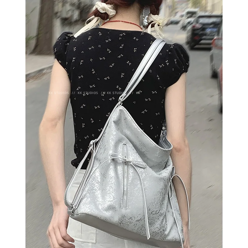 Miyagawa Korean Niche Backpack Women's 2024 New Cool Silver Tote Bags Casual Large Capacity Single Shoulder Bag Backpacks