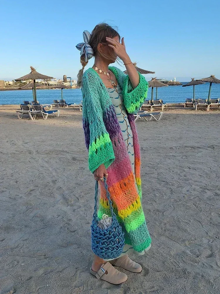 Handmade Boho Kimono Cardigan Sweater Women Coat 2024 Autumn Winter Multicolor Bohemian Long Bell Sleeve Knitted Dress Knitwear