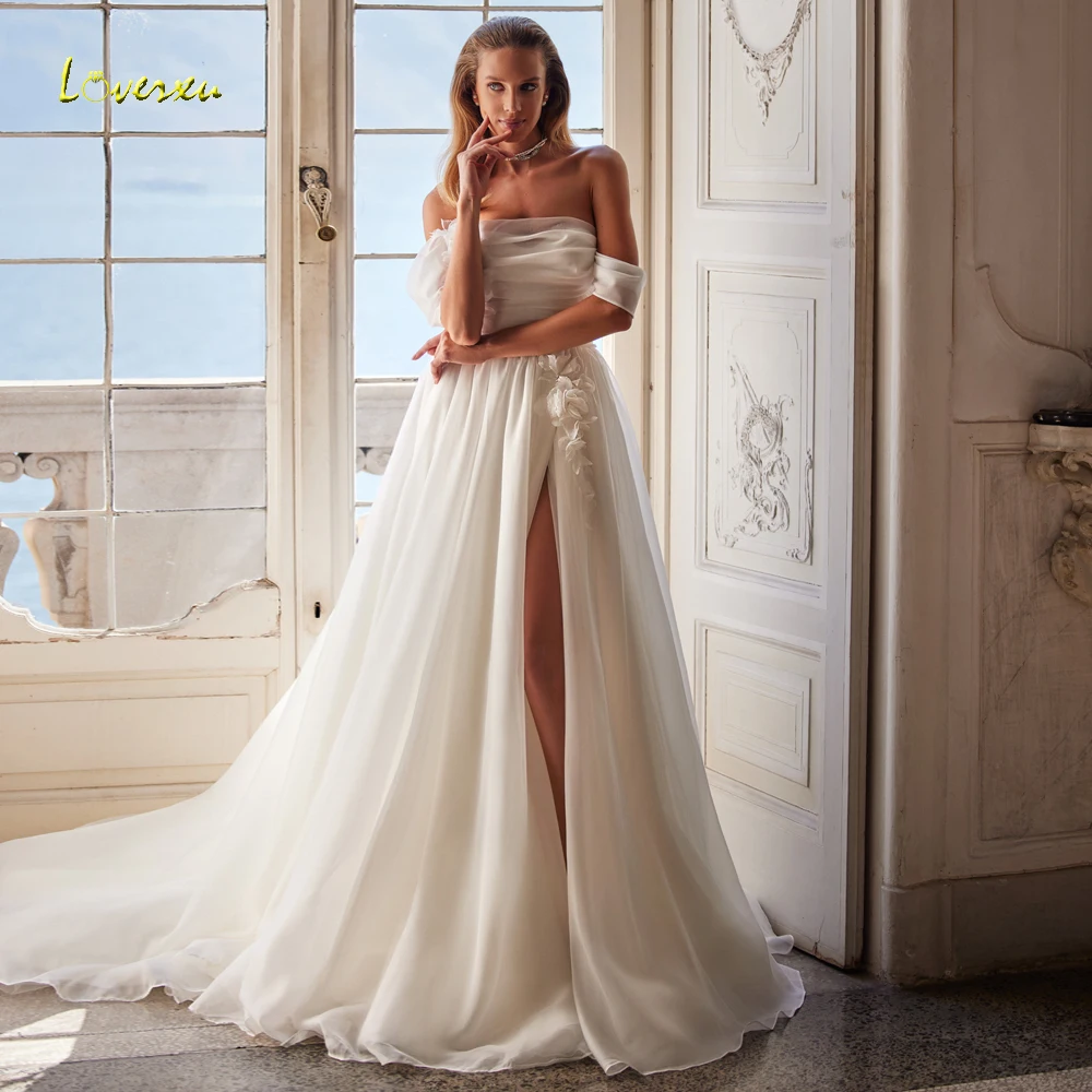 Loverxu A-Line Elegant Wedding Dresses 2024 Boat Neck Off The Shoulder Vestido De Novia 3D Flowers Split Illusion Robe De Mariee