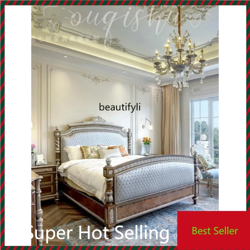 

QQ132 Classical Solid Wood Double Bed European-Style Windsor Castle Soft Bag Carved Bed 1.8 M Bedroom Marriage Bed Soft Bag