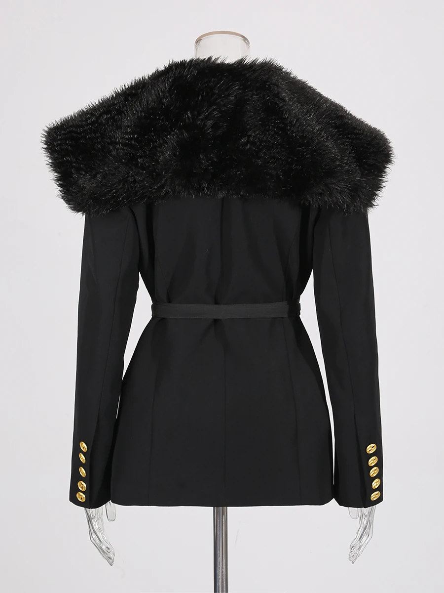 TWOTWINSTYLE Afslanken Gesplitste Riem Temperament Jassen voor Vrouwen Revers Lange Mouwen Patchwork Bontkraag Jas Vrouwelijke Kleding