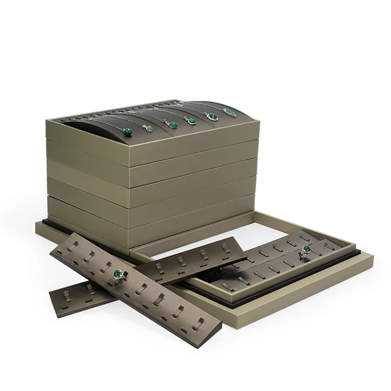 

Luxury Brown Leather Ring Necklace Bracelet Jewelry Storage Tray Jade Beeswax Jade Jewelry Counter Display Tray