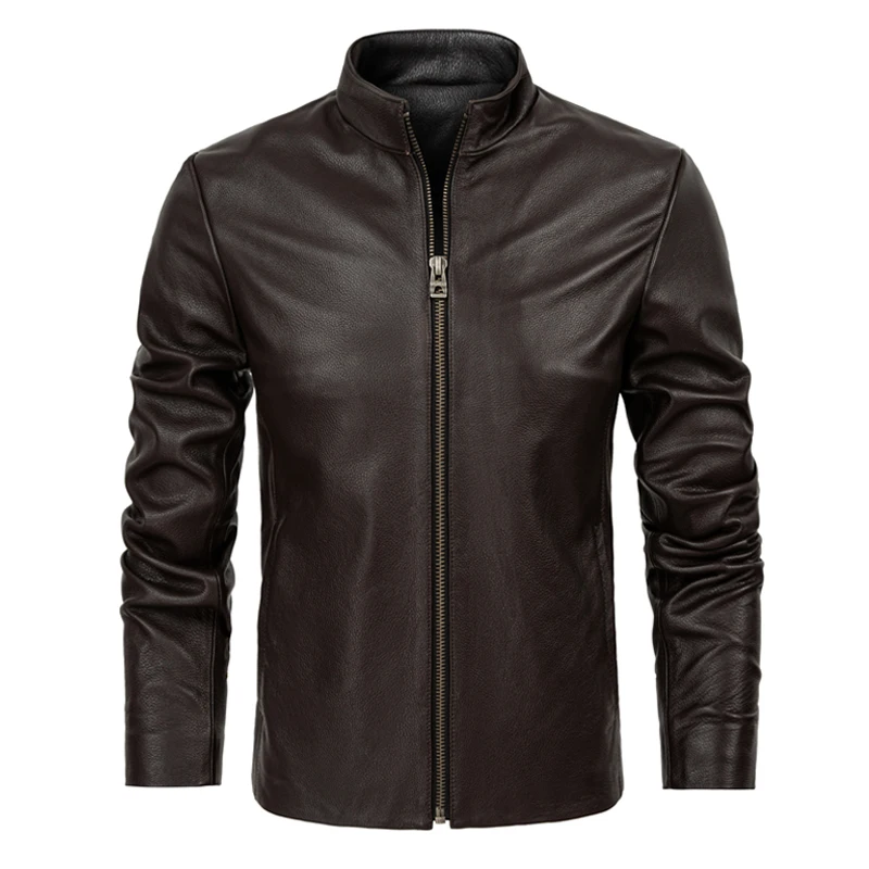 

Spring Autumn Men's Slim Fit Leather Jaet Pure Cowhide Genuine Leather ort Sle Stand Collar Casual Outerwear