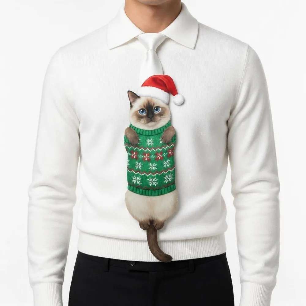 Cat Printed Christmas Novelty Necktie Lightweight Lifelike Animal Printed Neck Tie Satin Fabric Fun Party Necktie Party, Holiday