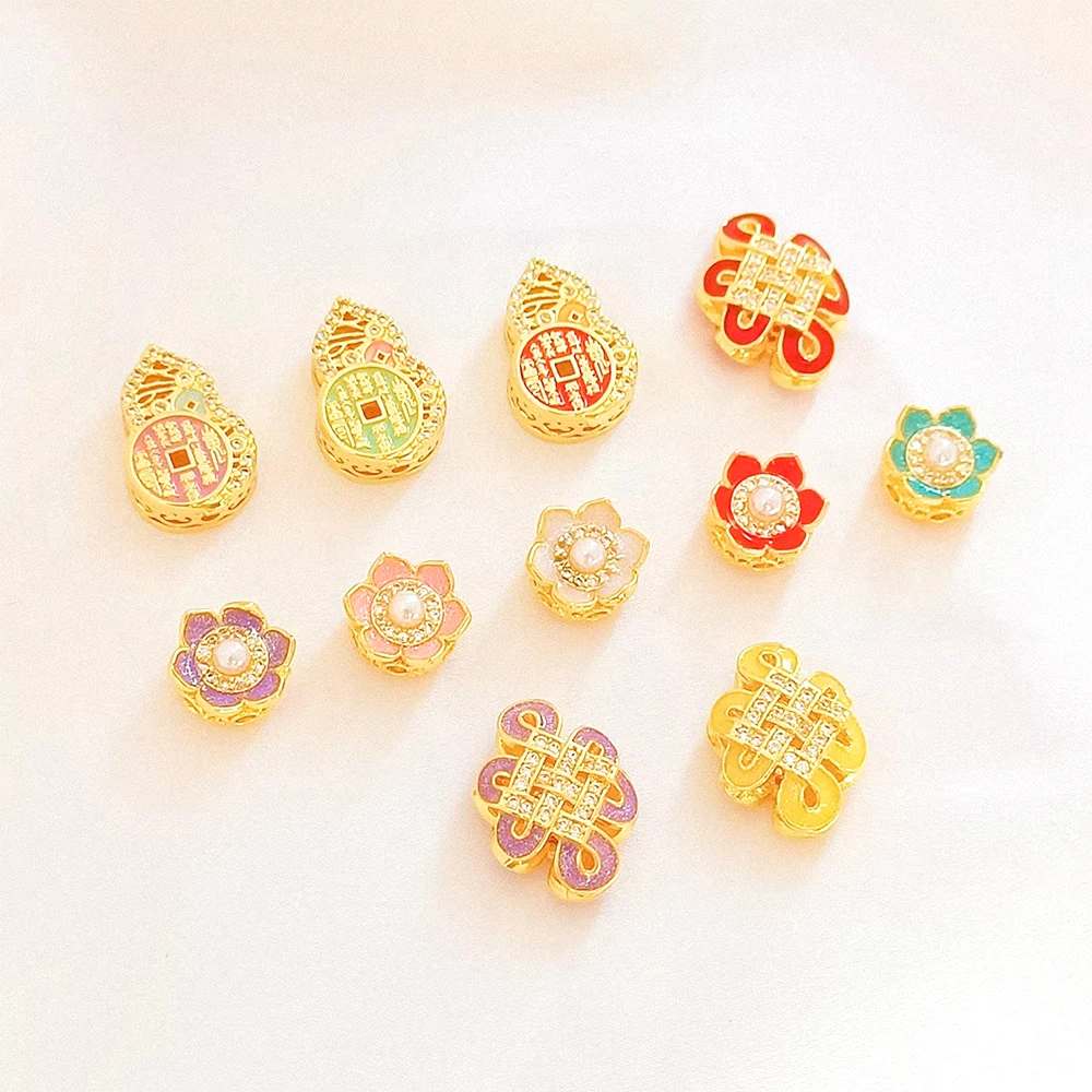 Brass Coated Gold Chinese Style Zircon Inlay Hulu Lianhua Spacer Bead DIY Jewelry Making Necklace Bracelet Accessory Materials
