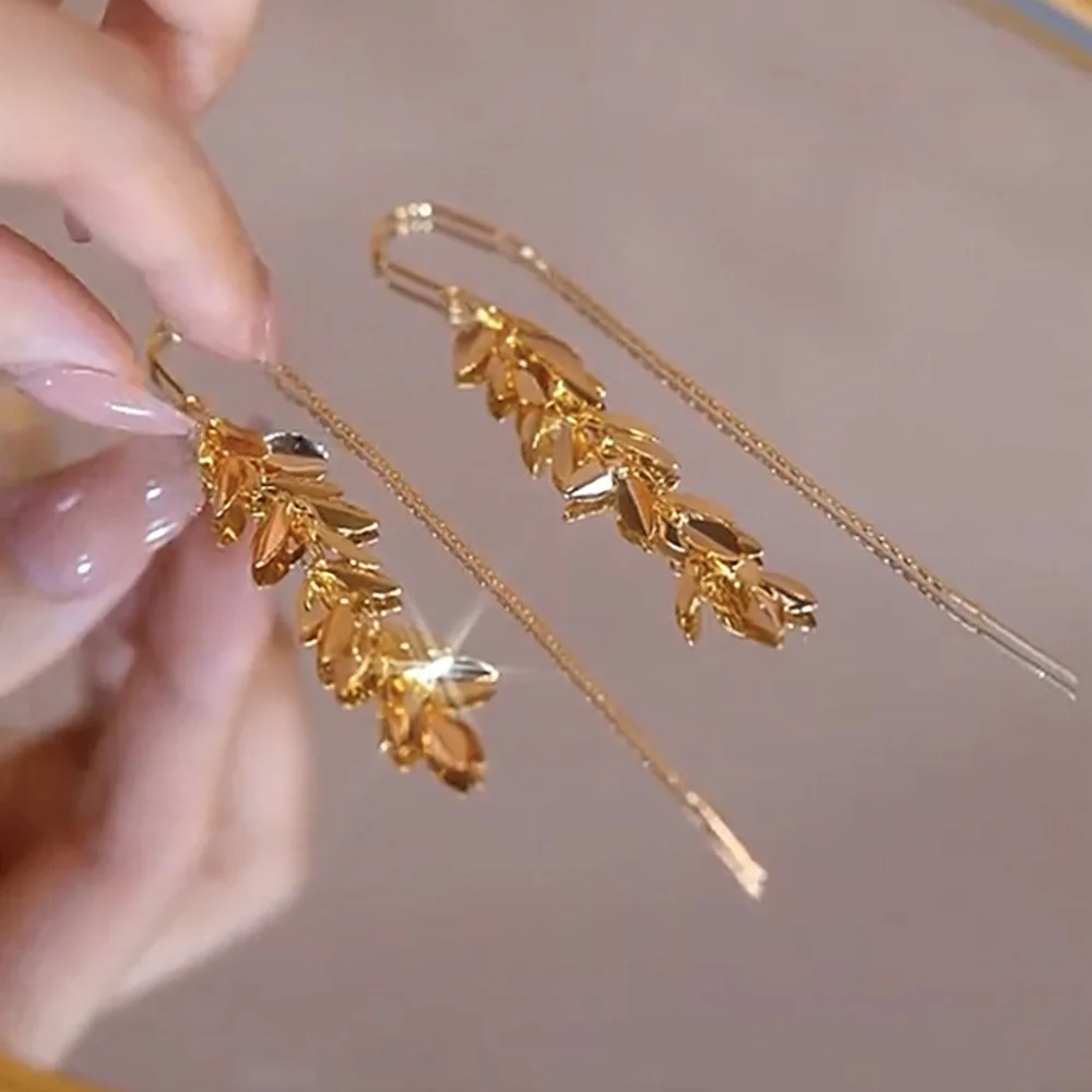 2023 Niche Design Sense Metal Wheat Long Tassel Earrings Ear Line Light Luxury Temperament Fashion Cold Wind Ear Drop Earrings
